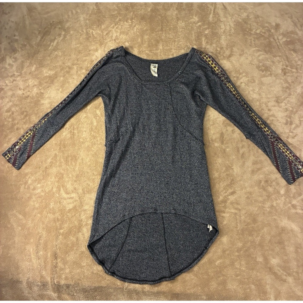 Free People Women Lace Line Tunic Embroidered Sleeve Top Charcoal Gray Small